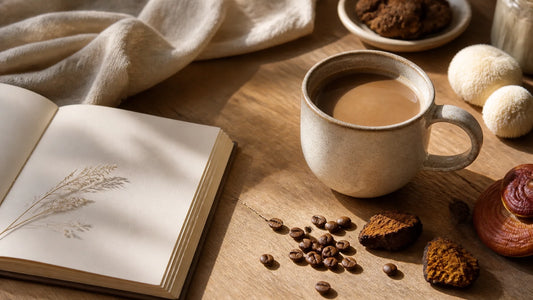 Sunlit mug of mushroom coffee with a journal and coffee beans on a warm wooden table
