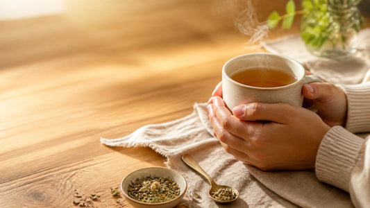 A warm ceramic mug of tea held in both hands on a sunlit wooden table