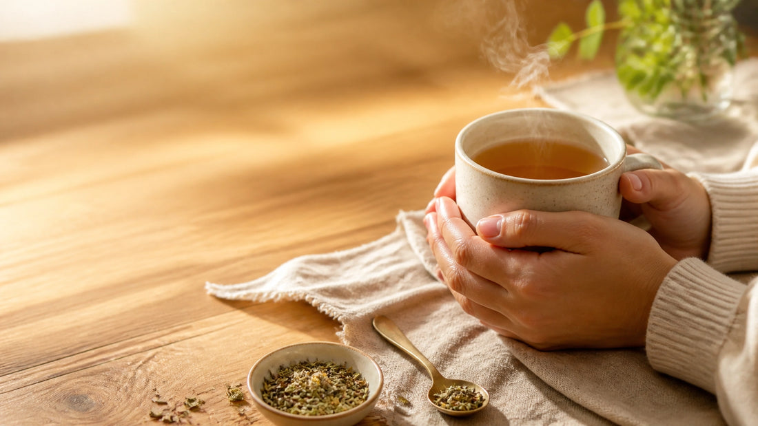 Warm ceramic mug of calming tea held in both hands on a sunlit wooden table