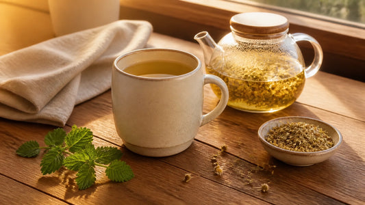 A warm mug of herbal tea and glass teapot resting on a sunlit wooden table beside fresh herbs and a soft blanket