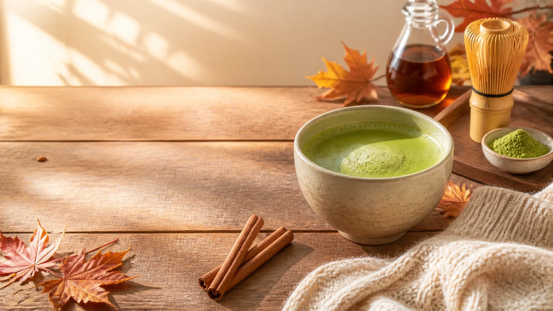 A cozy hot matcha latte with autumn leaves, cinnamon, maple syrup, and a bamboo whisk on a sunlit wooden table