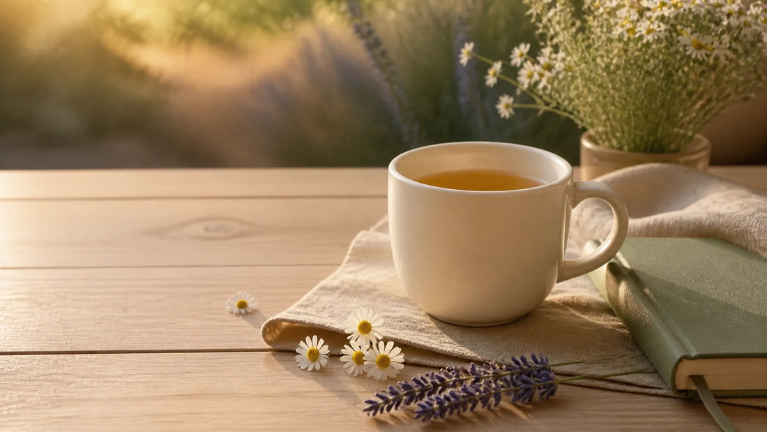 A calming herbal tea in a cream mug beside chamomile, lavender, a journal, and a linen napkin on a warm wooden table