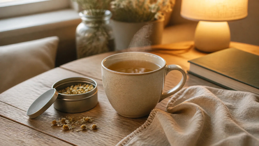 A warm ceramic mug of calming herbal tea on a softly lit wooden table with a journal and dried flowers