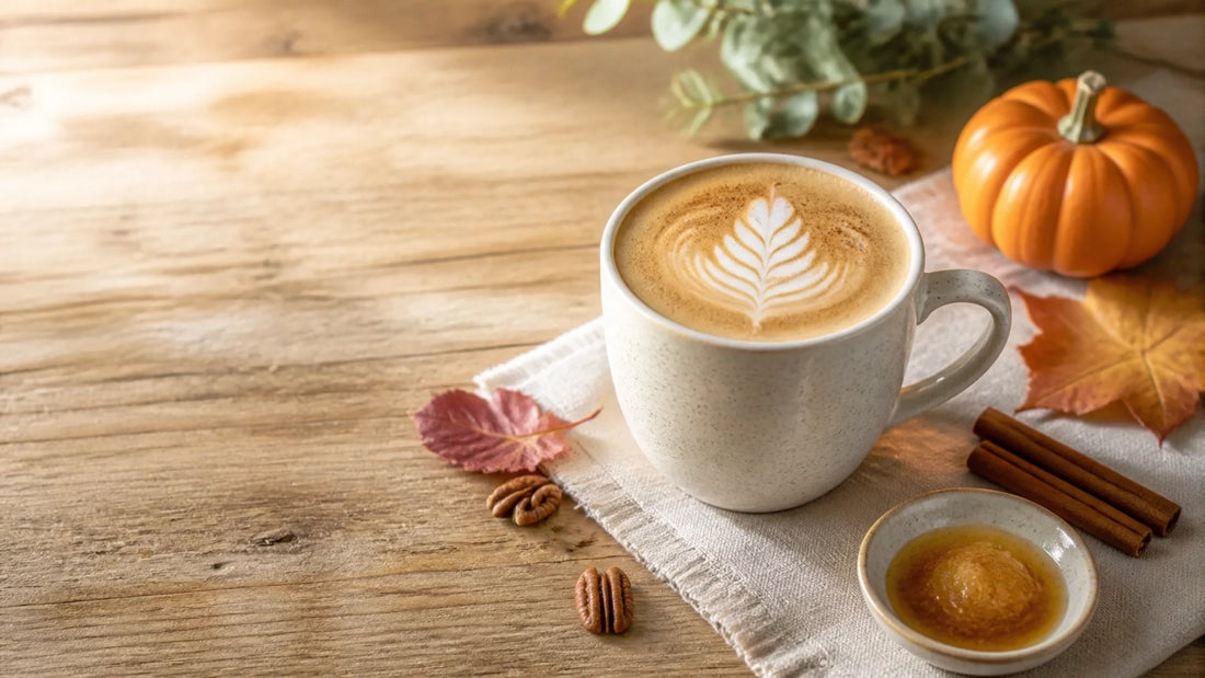 A sophisticated homemade fall latte with cinnamon, pecans, pumpkin, and maple leaves on a sunlit wooden table