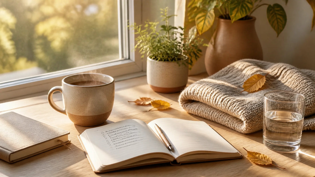 A warm fall morning scene with coffee, a journal, water, and a cozy sweater beside a sunlit window