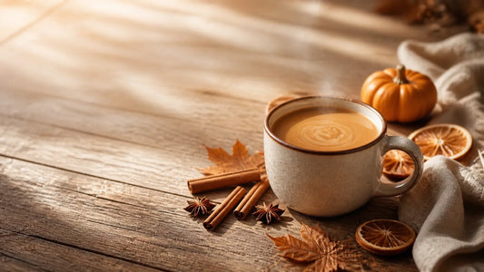 A warm mug of masala chai surrounded by cinnamon, star anise, dried orange, and autumn leaves on a sunlit wooden table