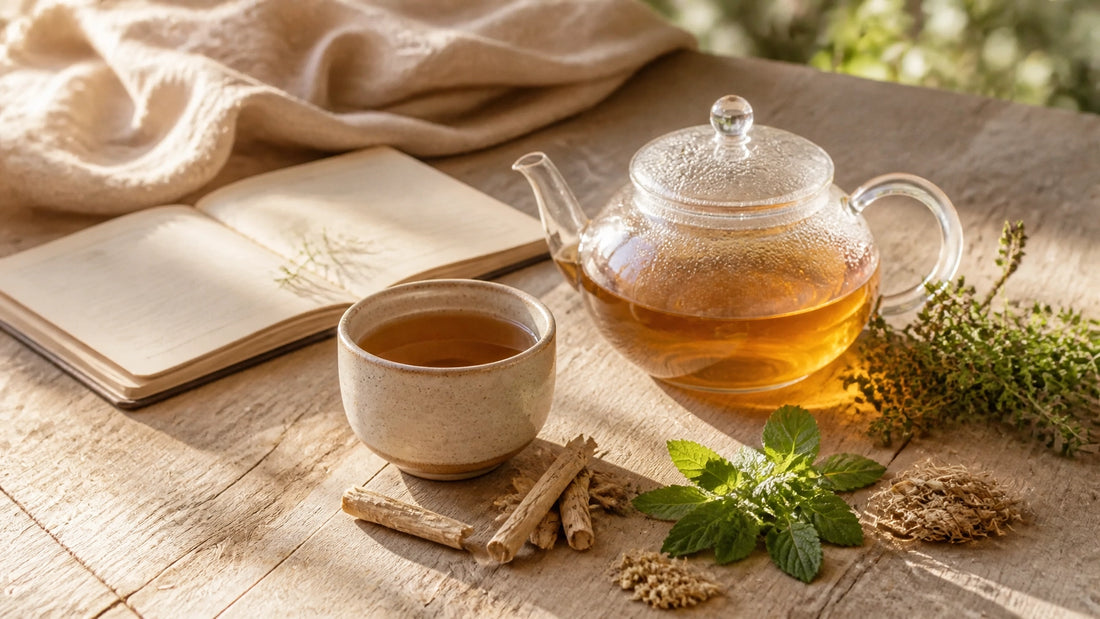 Glass teapot of amber herbal tea with botanical ingredients on a warm wooden table