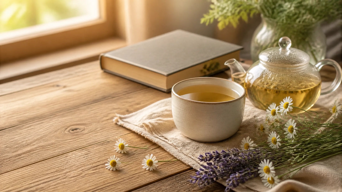A warm cup of chamomile tea with lavender sprigs on a sunlit wooden table