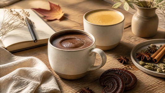 A reishi mocha and golden ashwagandha chai on a sunlit wooden table with autumn spices