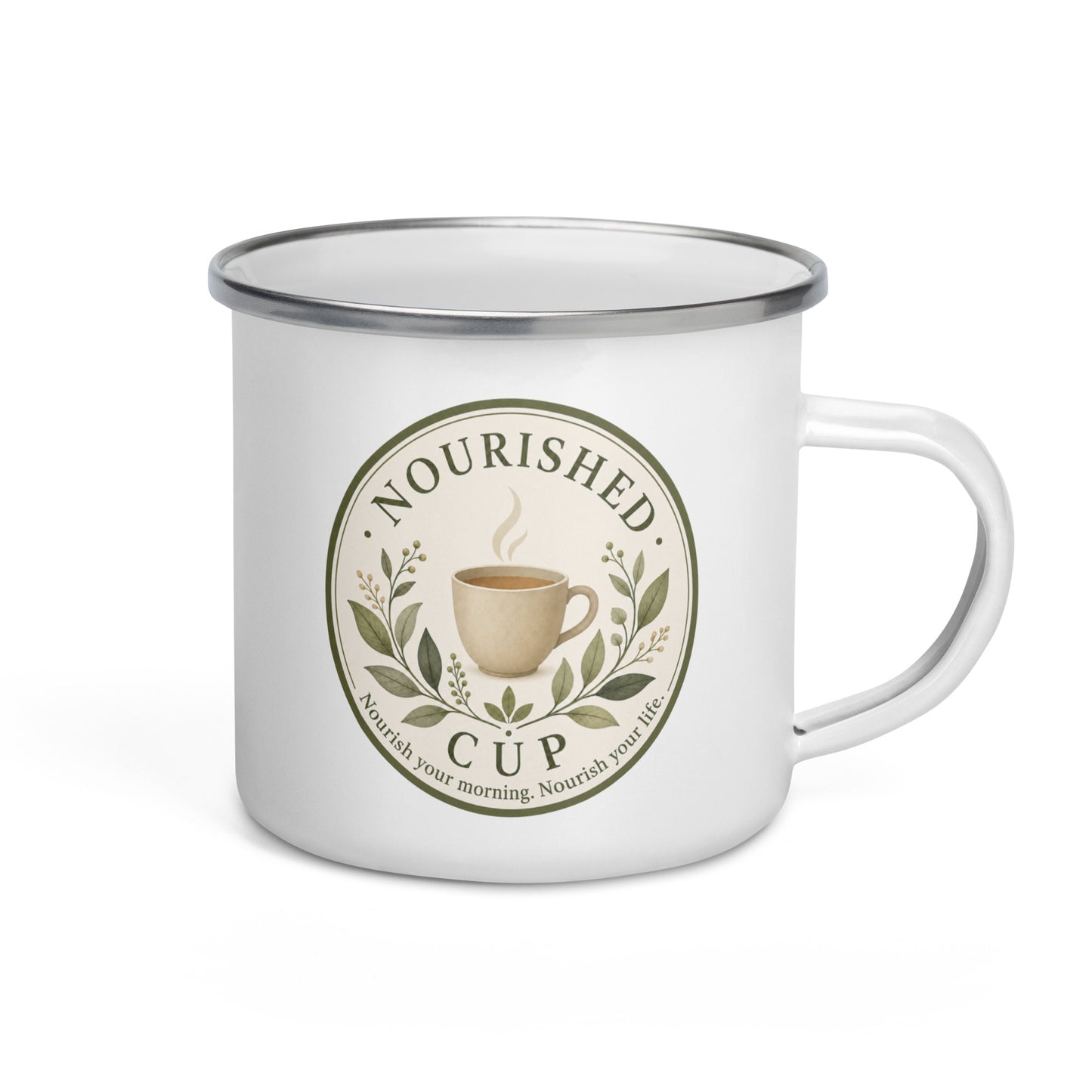 Nourished Cup enamel mug product mockup with a white finish and silver rim