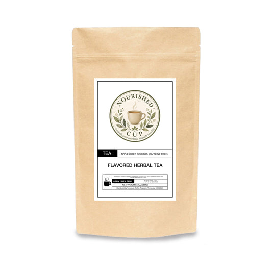 Nourished Cup Apple Cider Rooibos caffeine-free herbal tea in a kraft pouch