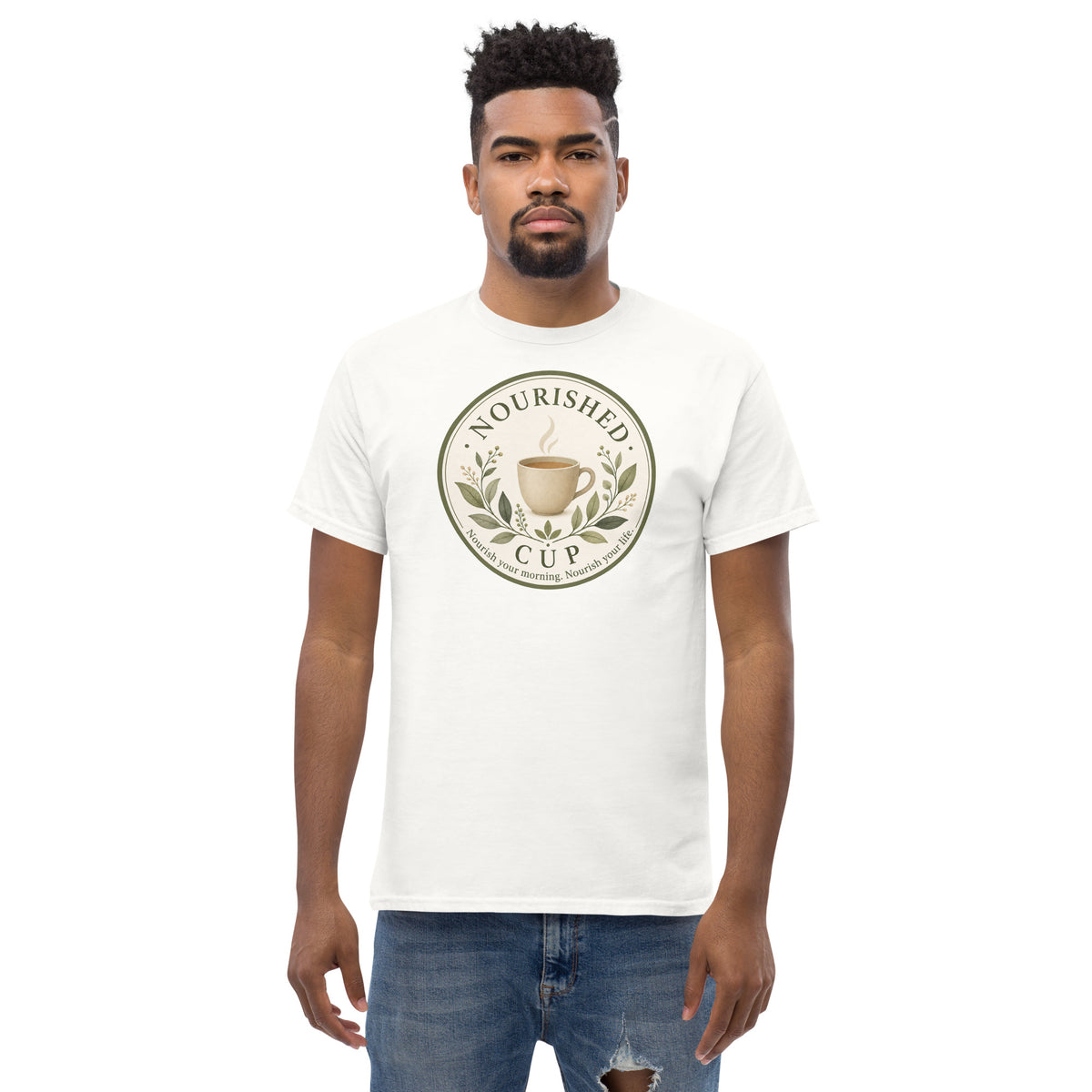 A Nourished Cup tee styled as a relaxed, comfortable everyday layer