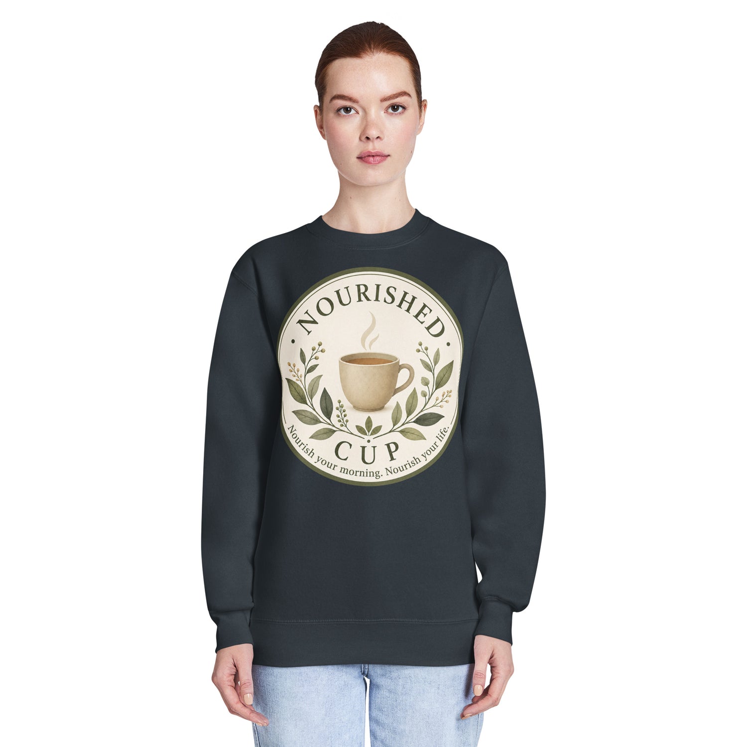 Nourished Cup sweatshirt featuring a cozy coffee-and-wellness design