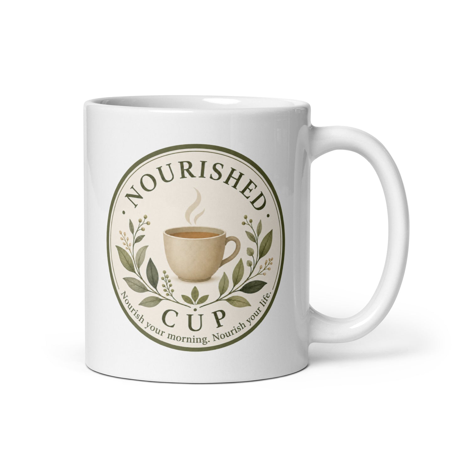 Nourished Cup white glossy mug product mockup for an everyday coffee or tea ritual